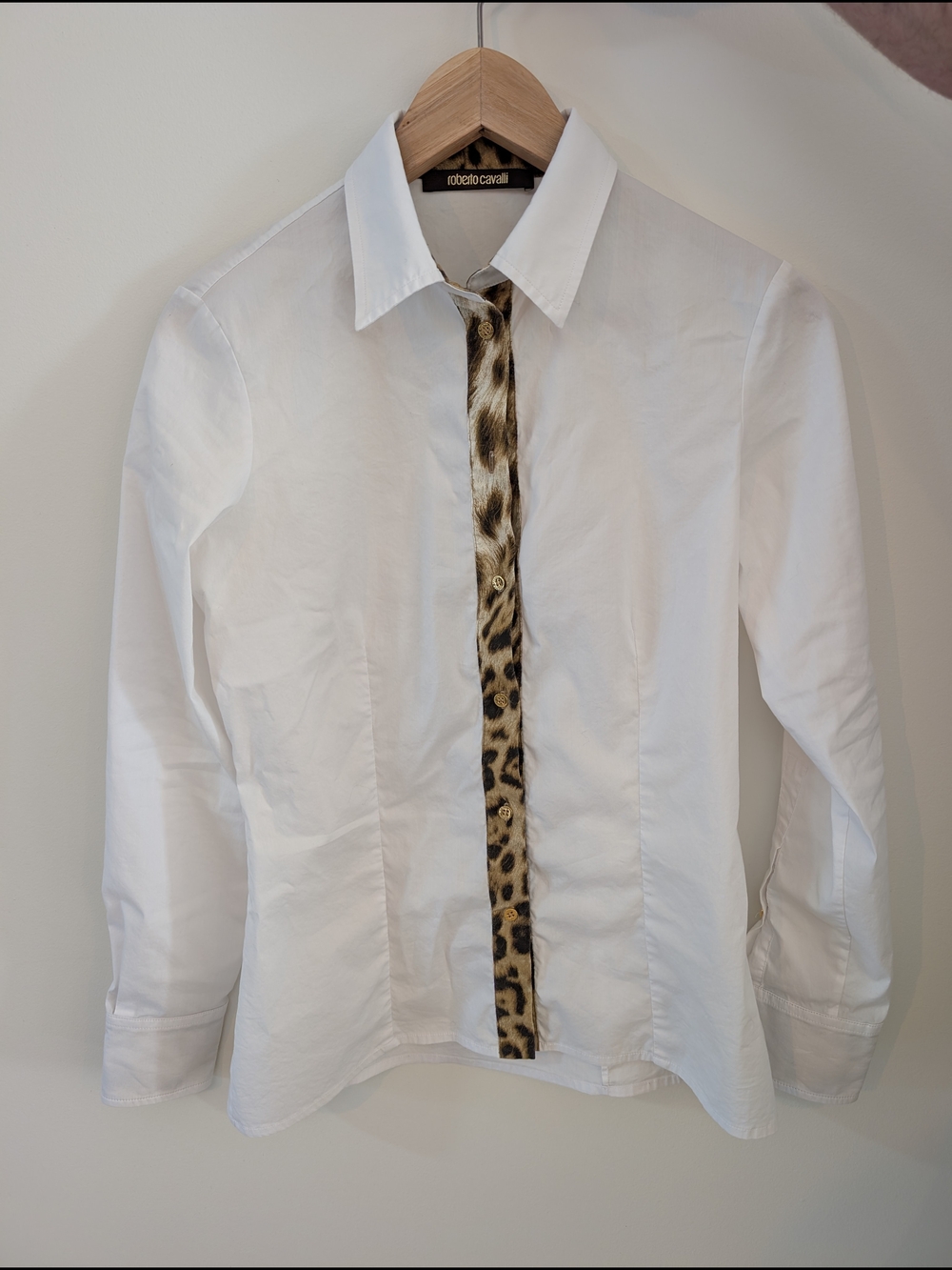 Roberto Cavalli | Y2K Women's White Button-Down Shirt with Leopard Print Trim